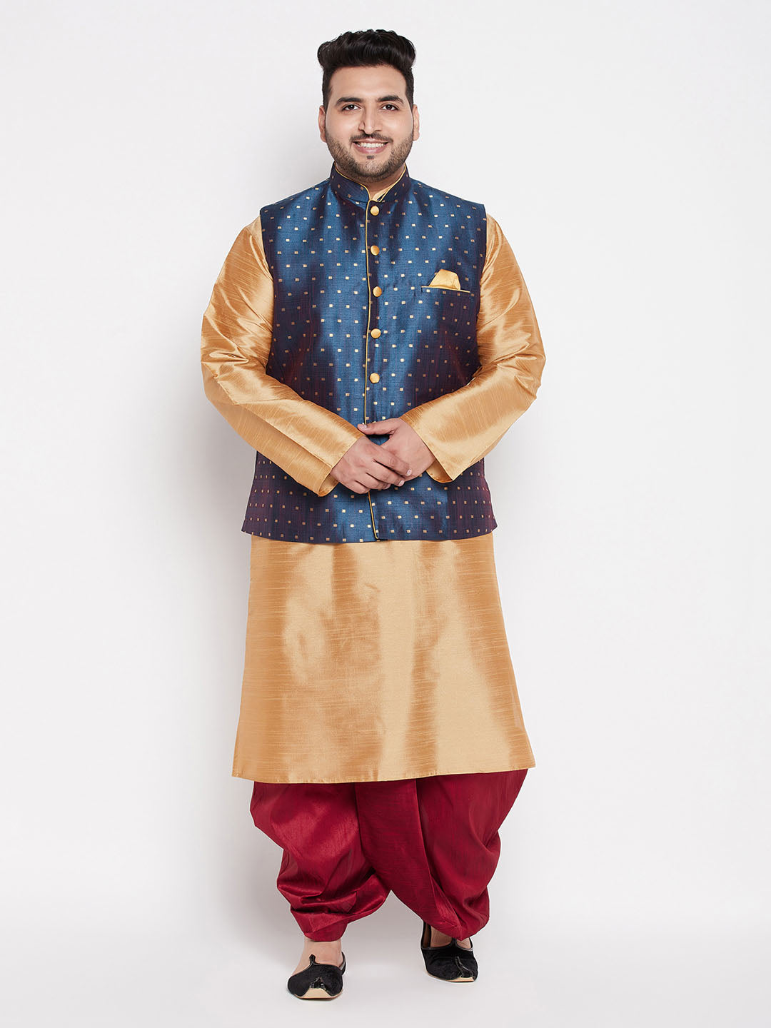 Men's Plus Size Blue Zari Weaved Nehru Jacket With Kurta Dhoti Set