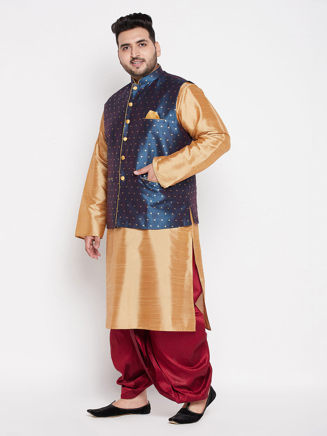 Men's Plus Size Blue Zari Weaved Nehru Jacket With Kurta Dhoti Set