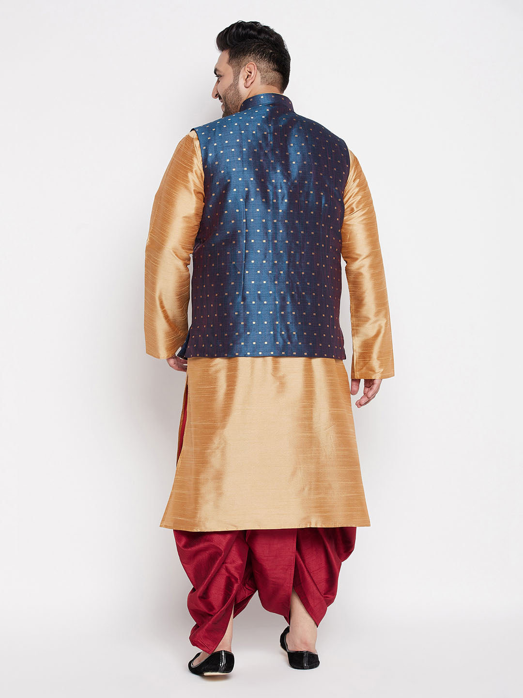 Men's Plus Size Blue Zari Weaved Nehru Jacket With Kurta Dhoti Set