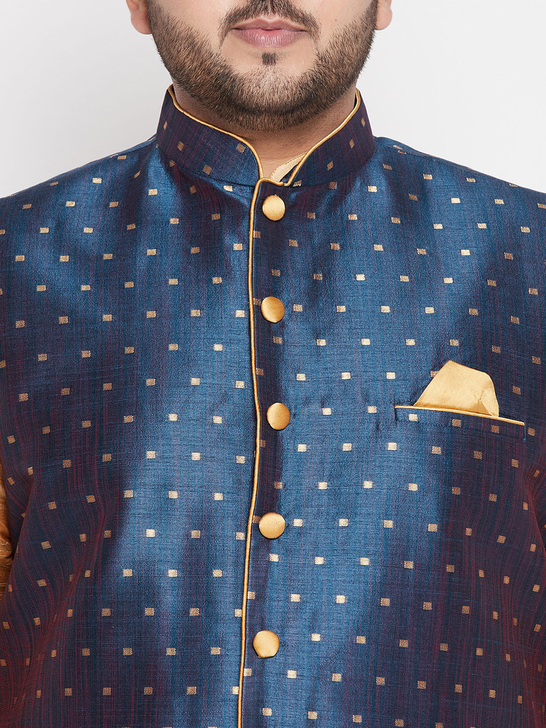 Men's Plus Size Blue Zari Weaved Nehru Jacket With Kurta Dhoti Set