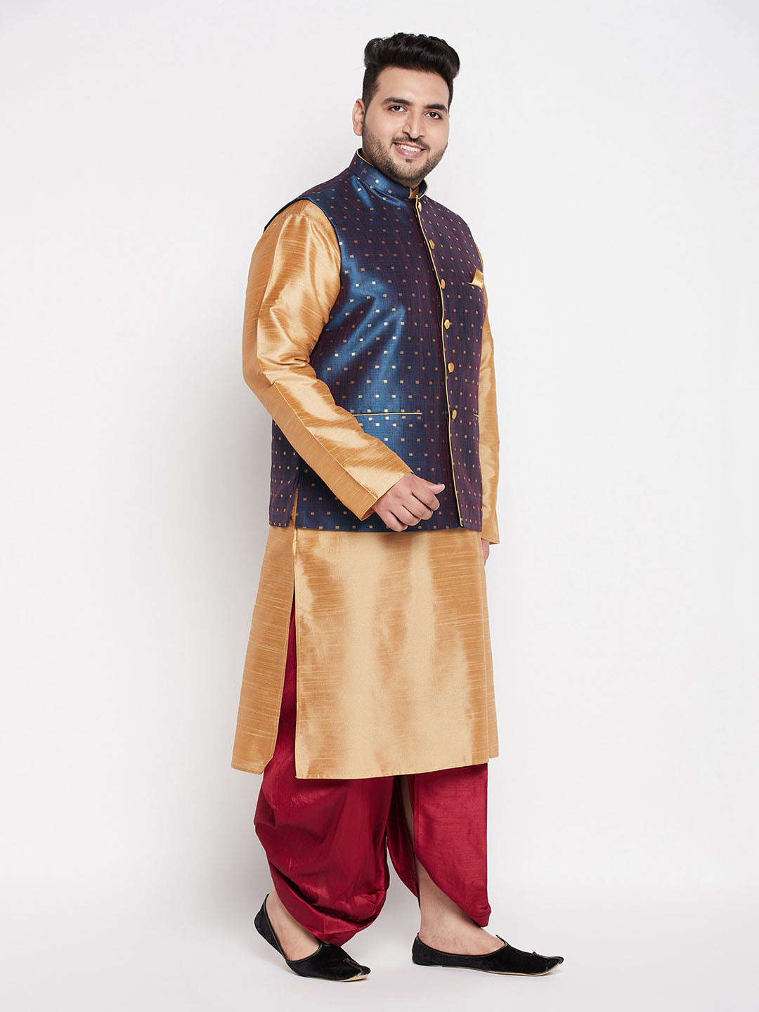 Men's Plus Size Blue Zari Weaved Nehru Jacket With Kurta Dhoti Set