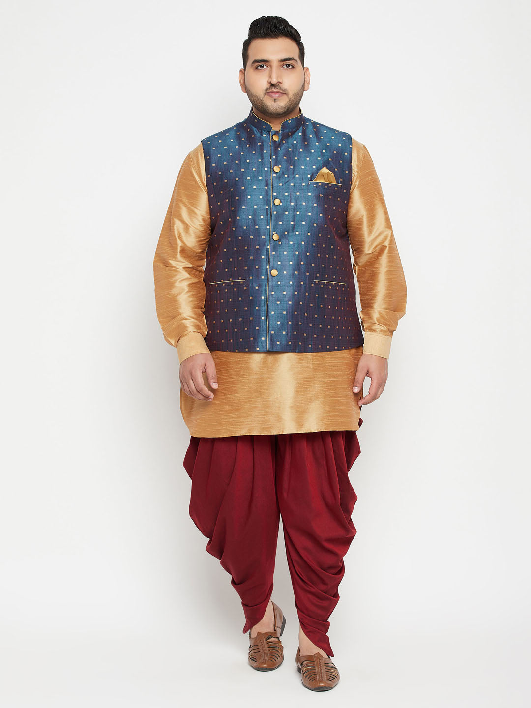 Men's Plus Size Blue Zari Weaved Nehru Jacket With Curved Kurta Dhoti Set