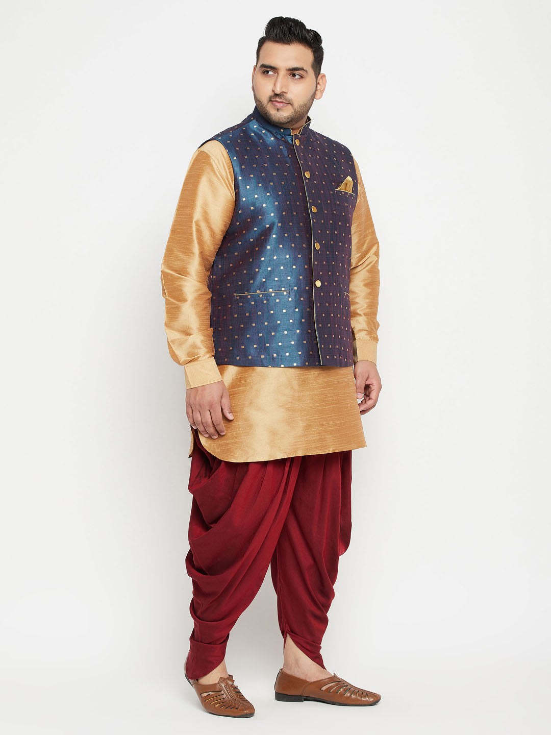 Men's Plus Size Blue Zari Weaved Nehru Jacket With Curved Kurta Dhoti Set
