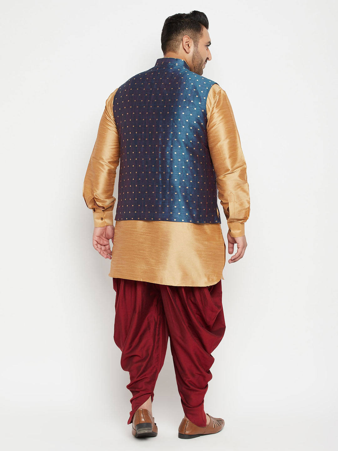 Men's Plus Size Blue Zari Weaved Nehru Jacket With Curved Kurta Dhoti Set