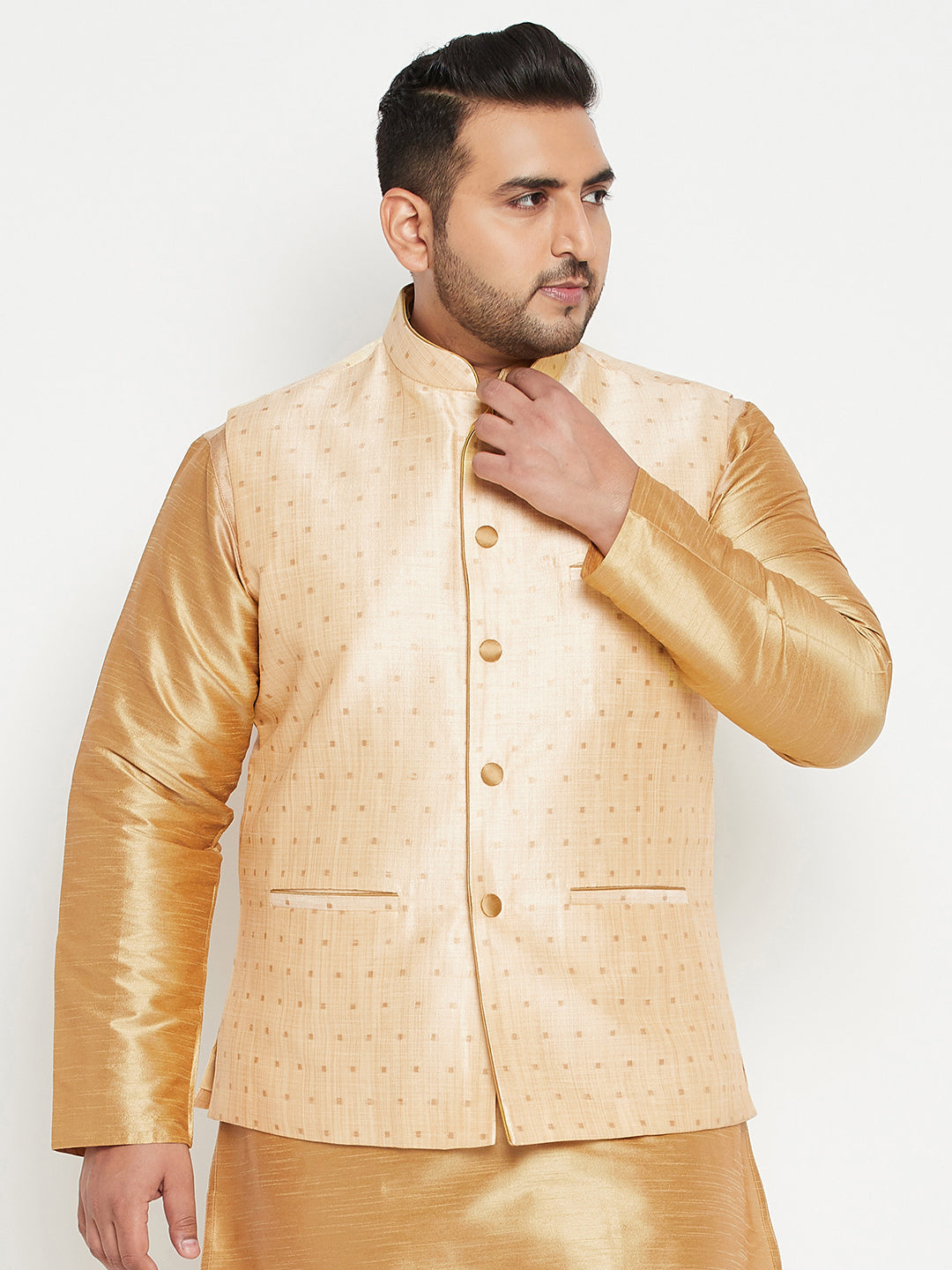 Men's Plus Size Gold Zari Weaved Nehru Jacket