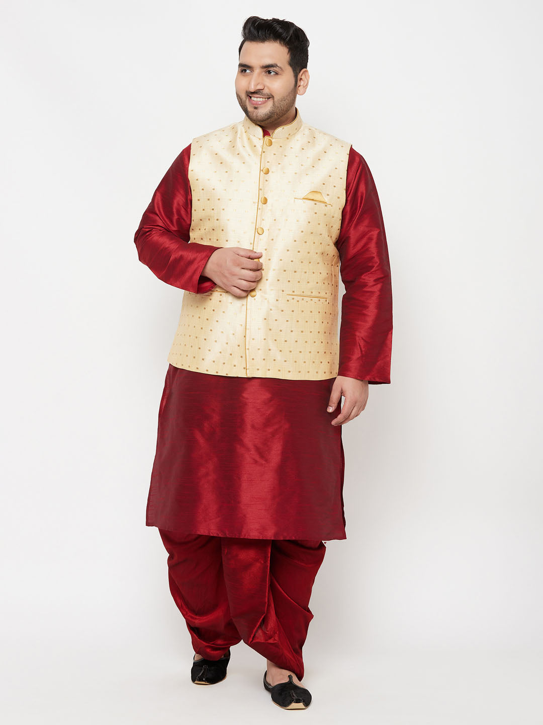 Plus Men's Gold Zari Weaved Nehru Jacket With Kurta Dhoti Set
