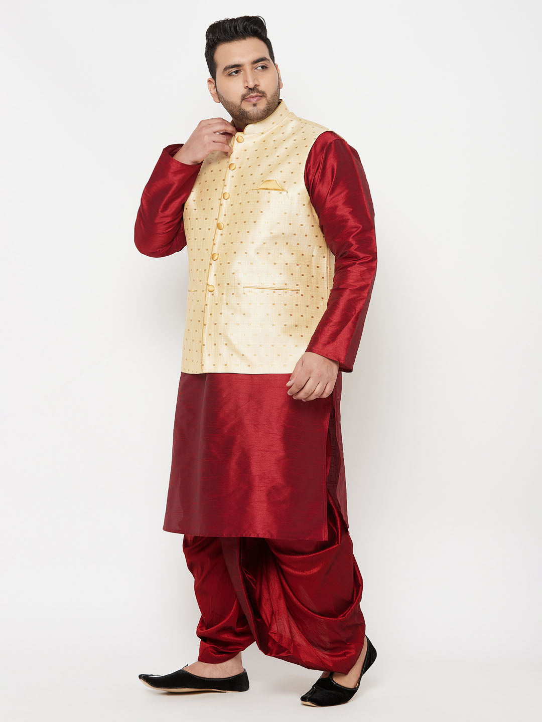 Plus Men's Gold Zari Weaved Nehru Jacket With Kurta Dhoti Set
