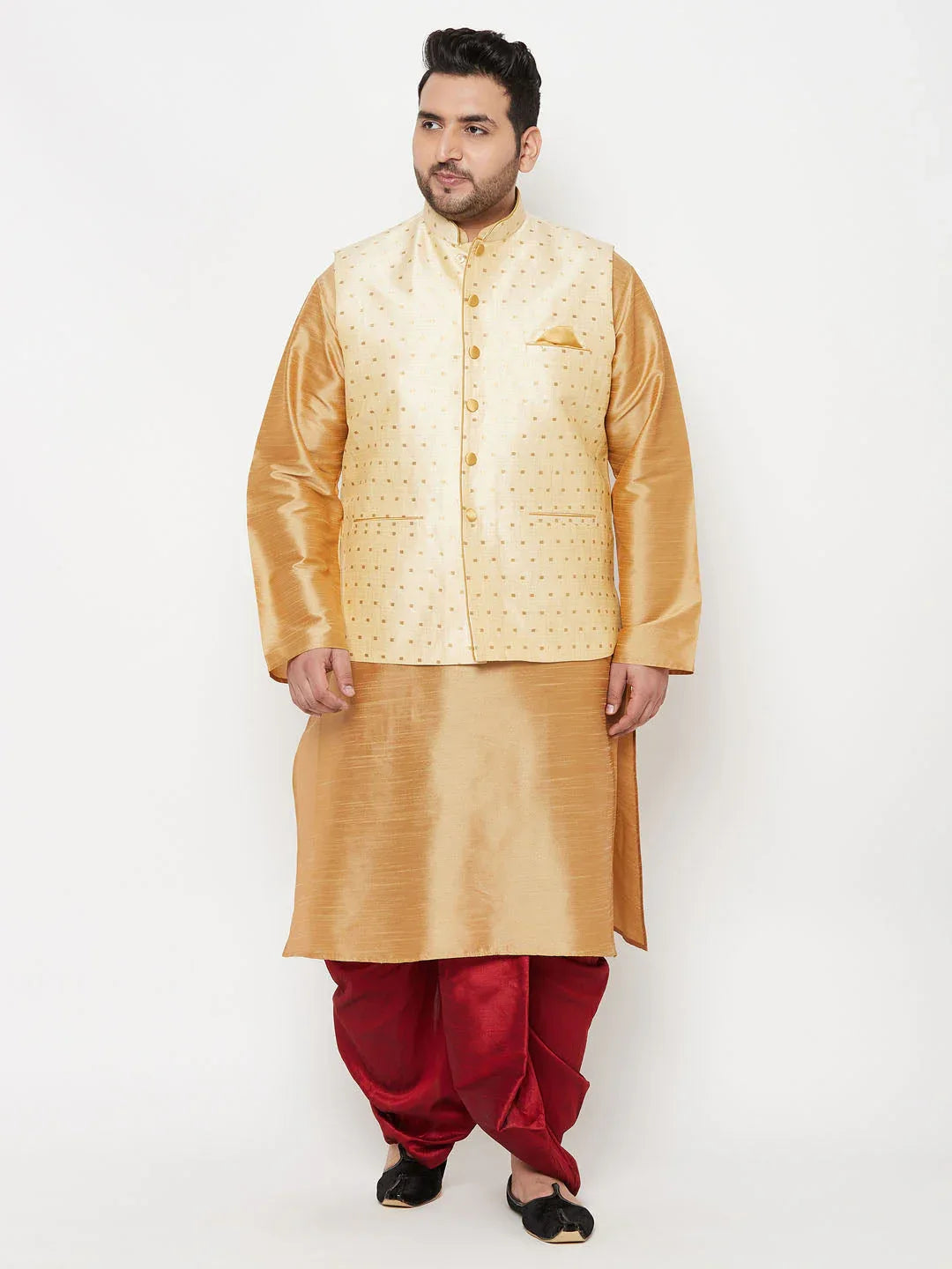 Plus Men's Gold Zari Weaved Nehru Jacket With Kurta Dhoti Set