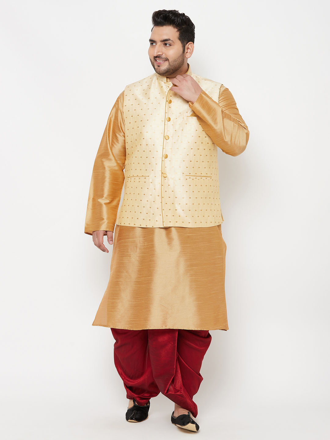 Plus Men's Gold Zari Weaved Nehru Jacket With Kurta Dhoti Set