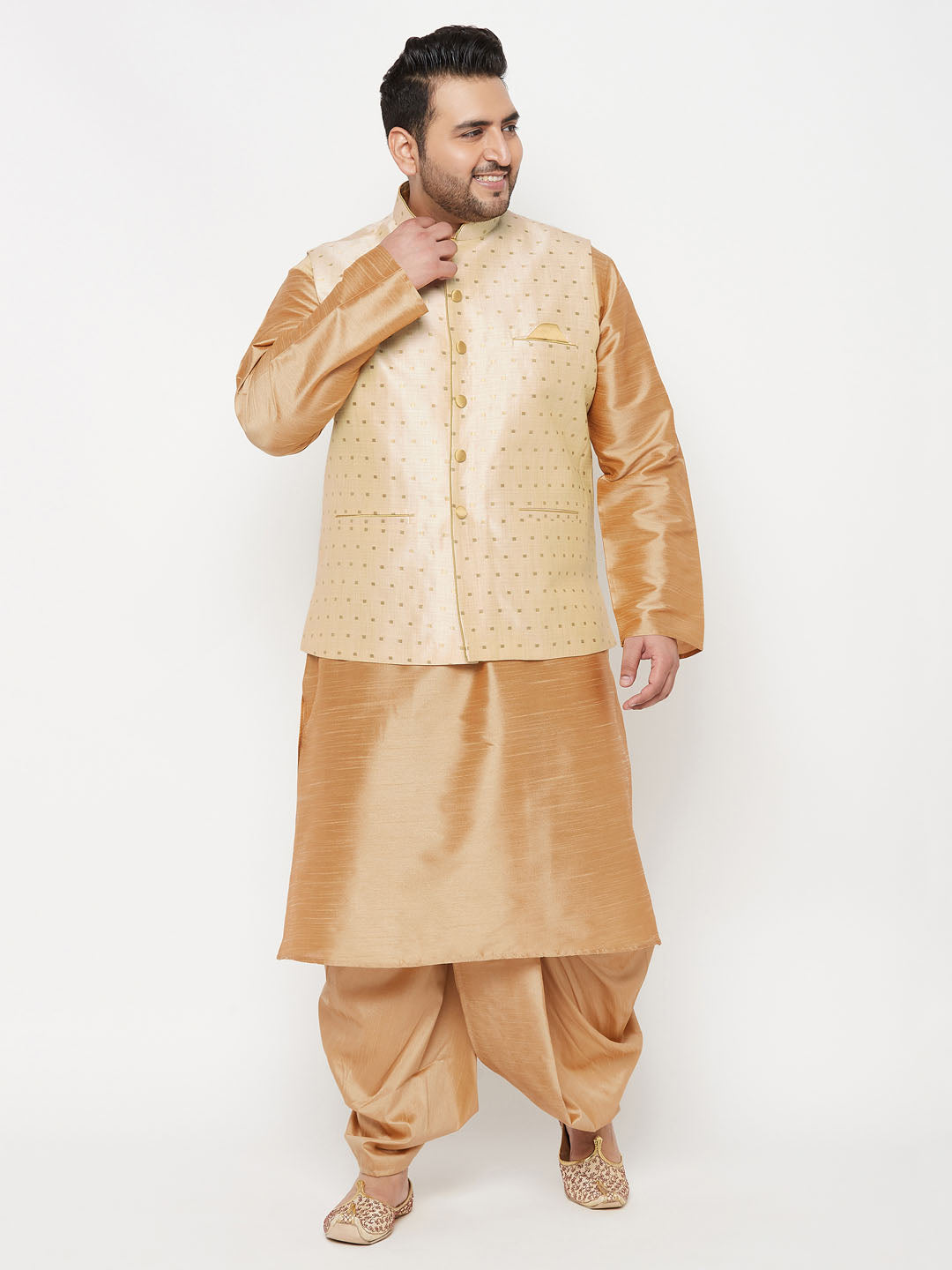 Plus Men's Gold Zari Weaved Nehru Jacket With Kurta Dhoti Set
