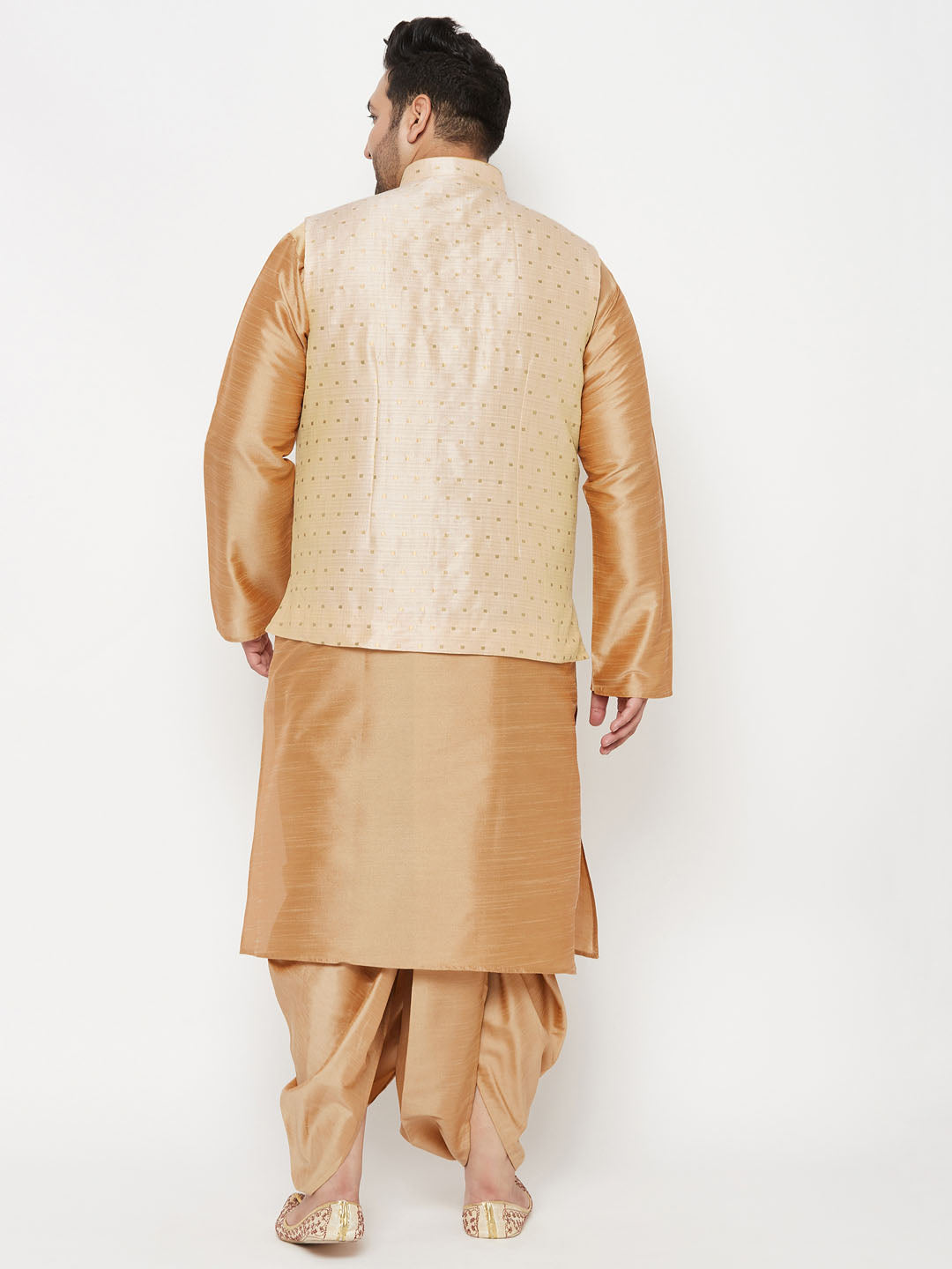 Plus Men's Gold Zari Weaved Nehru Jacket With Kurta Dhoti Set