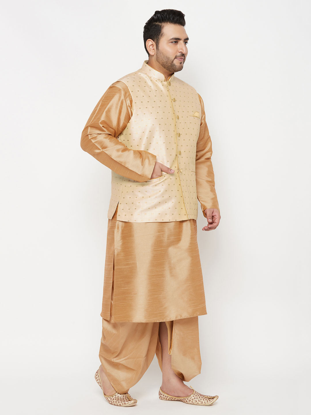 Plus Men's Gold Zari Weaved Nehru Jacket With Kurta Dhoti Set