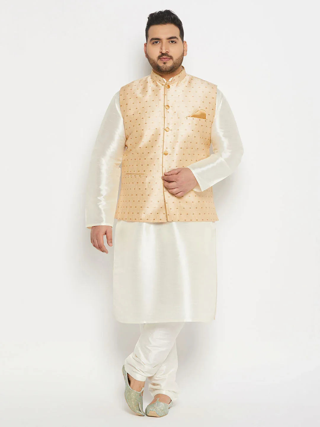 Plus Size Men's Gold Zari Weaved Kurta Pant Set