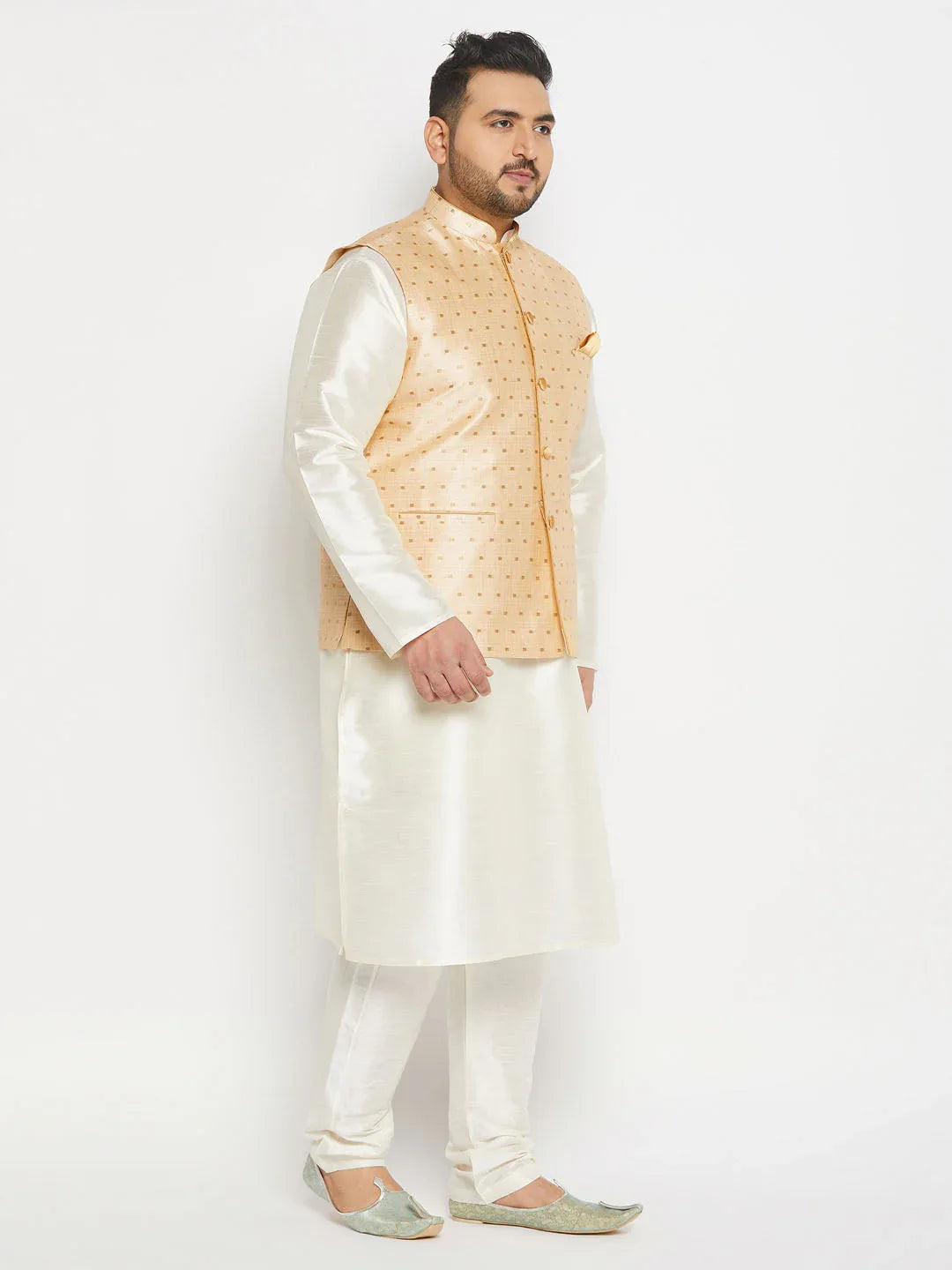Plus Size Men's Gold Zari Weaved Kurta Pant Set