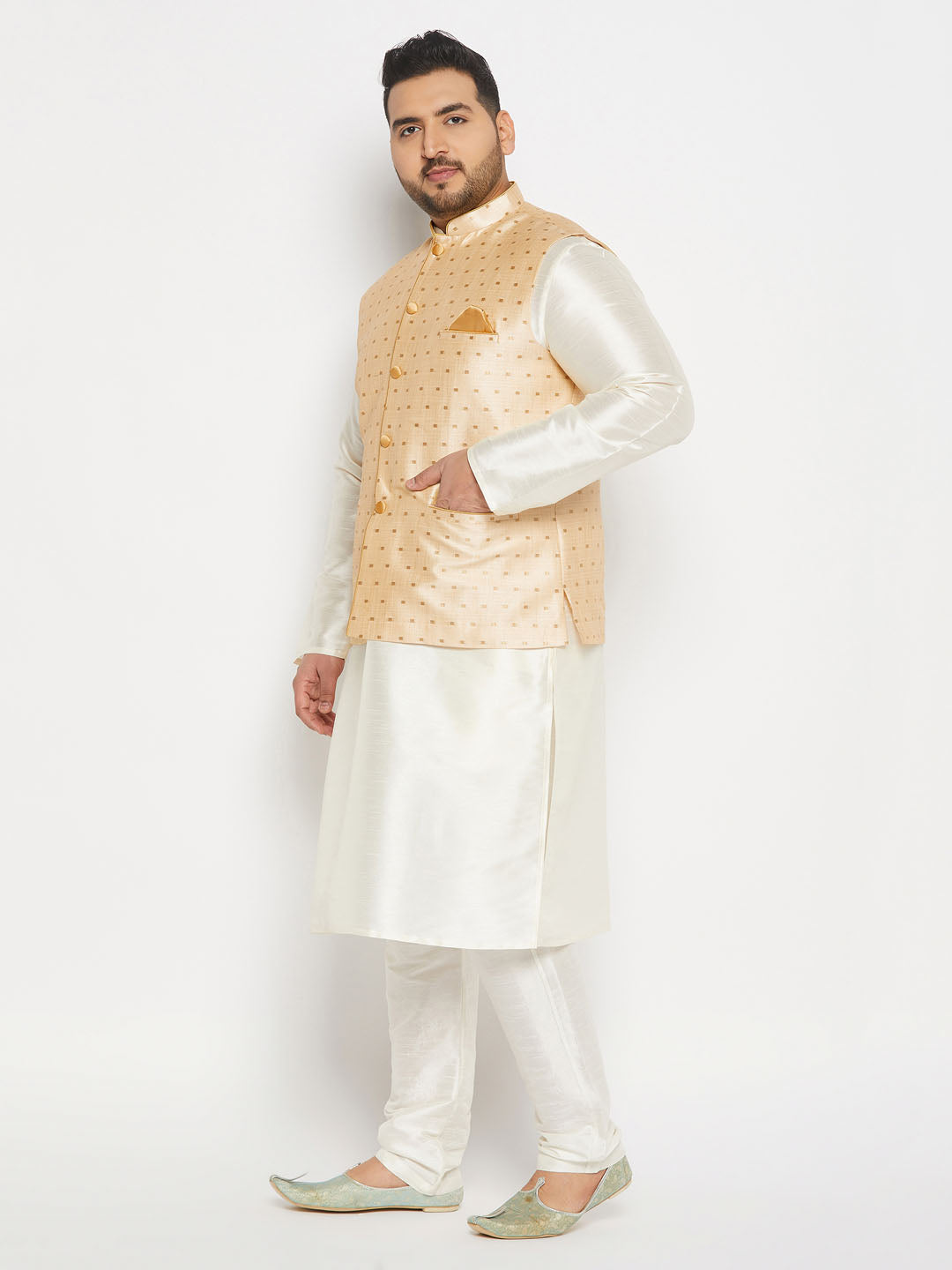 Plus Size Men's Gold Zari Weaved Kurta Pant Set