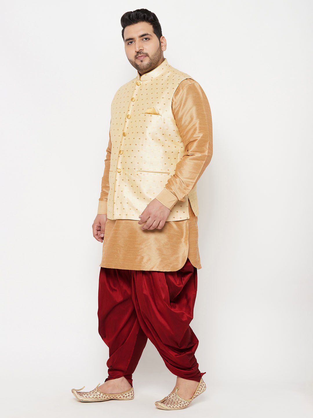 Men's Plus Size Gold Zari Weaved Nehru Jacket With Curved Kurta Dhoti Set