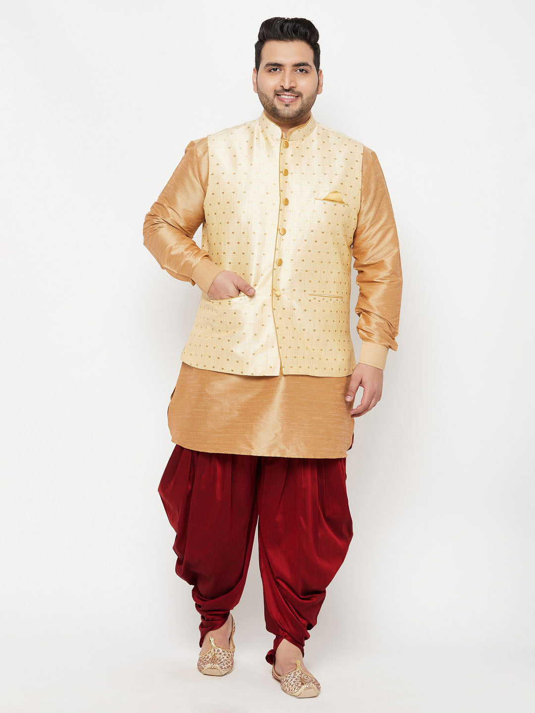 Men's Plus Size Gold Zari Weaved Nehru Jacket With Curved Kurta Dhoti Set