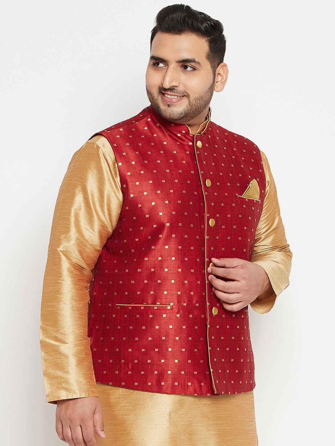 Men's Plus Size Maroon Zari Weaved Nehru Jacket