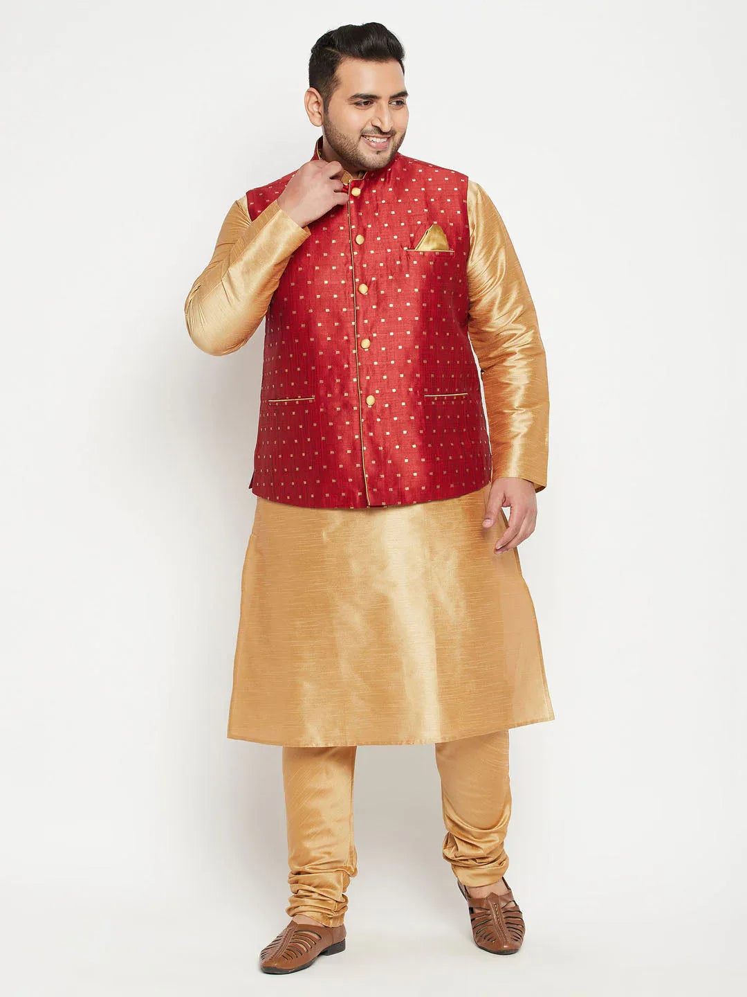 Men's Plus Size Maroon Zari Weaved Nehru Jacket