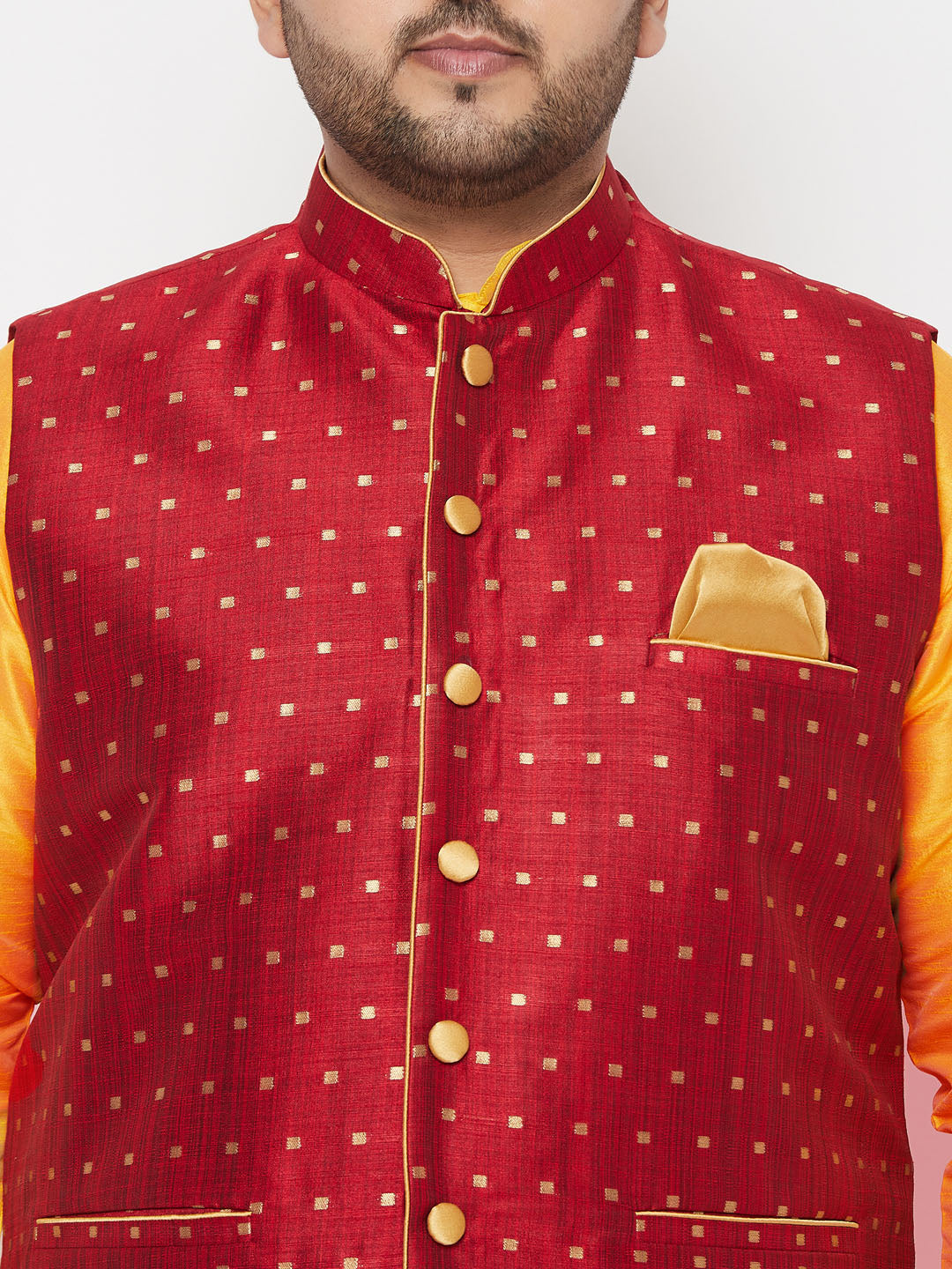 Plus Men's Maroon Zari Weaved Nehru Jacket With Kurta Dhoti Set