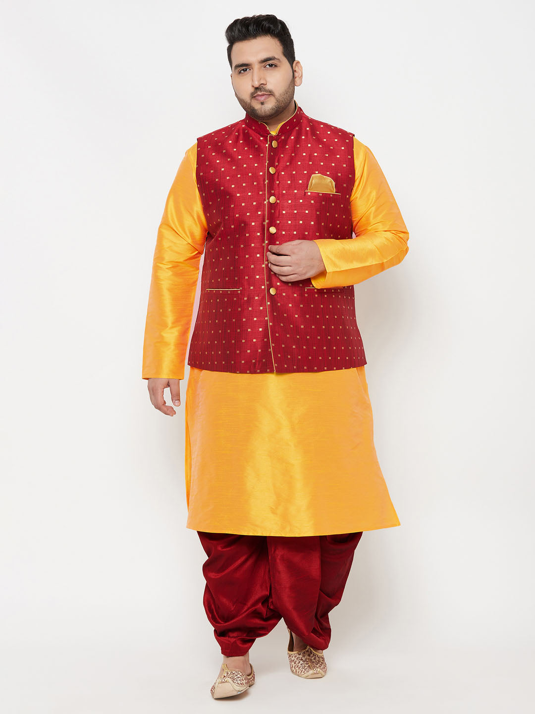Plus Men's Maroon Zari Weaved Nehru Jacket With Kurta Dhoti Set