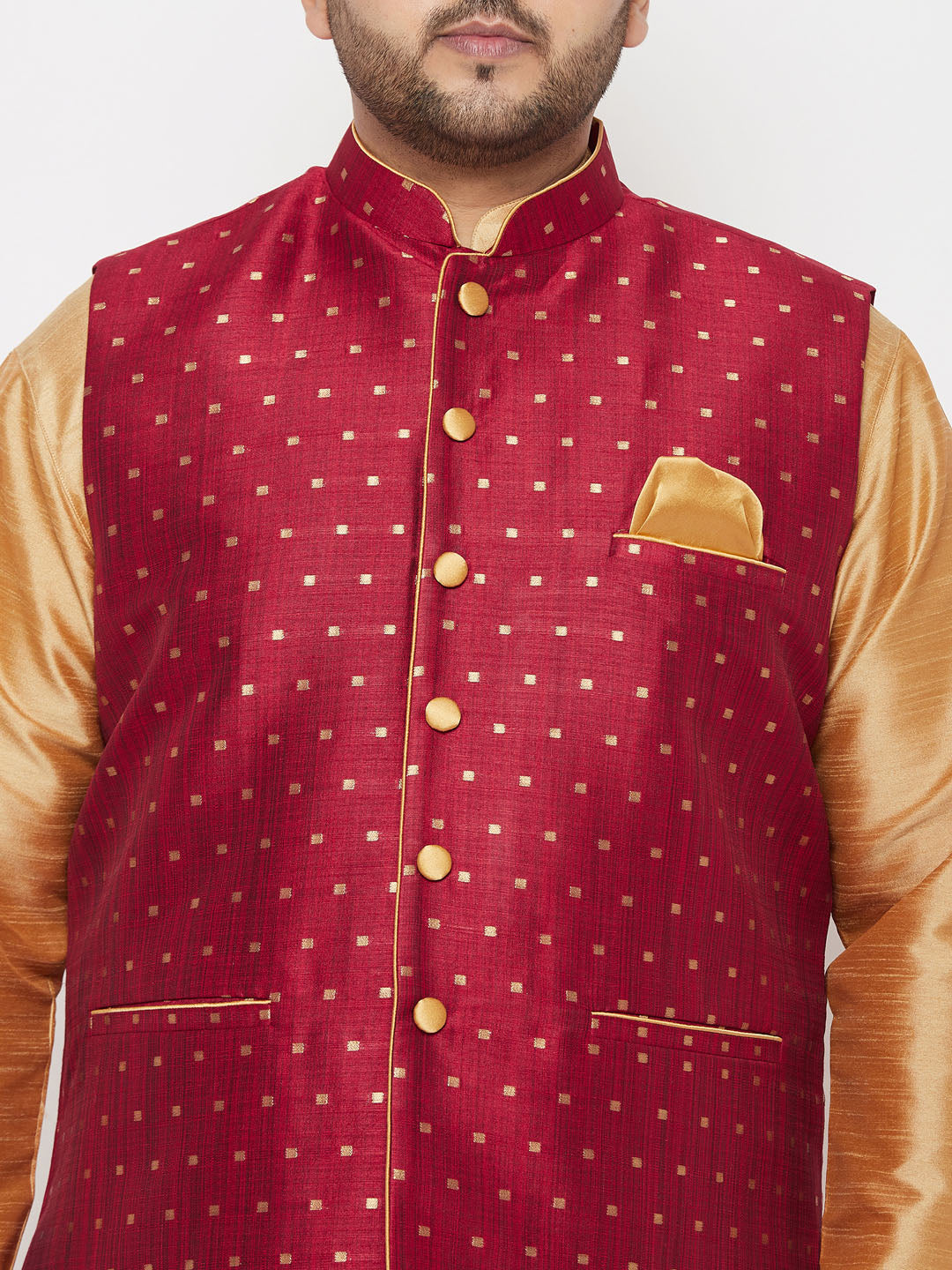 Plus Men's Maroon Zari Weaved Nehru Jacket With Kurta Dhoti Set