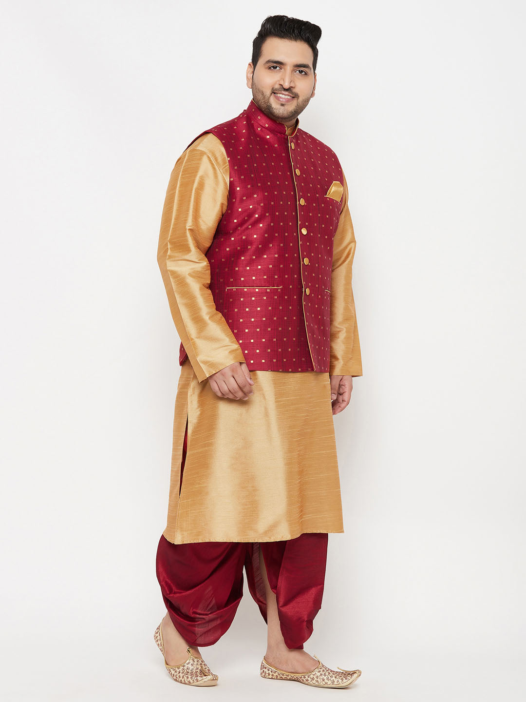 Plus Men's Maroon Zari Weaved Nehru Jacket With Kurta Dhoti Set