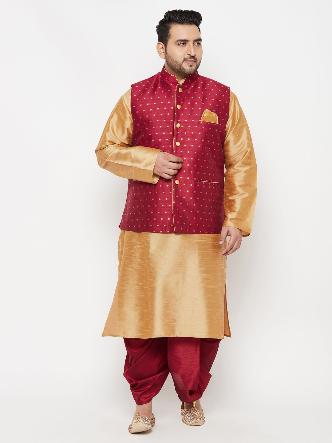 Plus Men's Maroon Zari Weaved Nehru Jacket With Kurta Dhoti Set