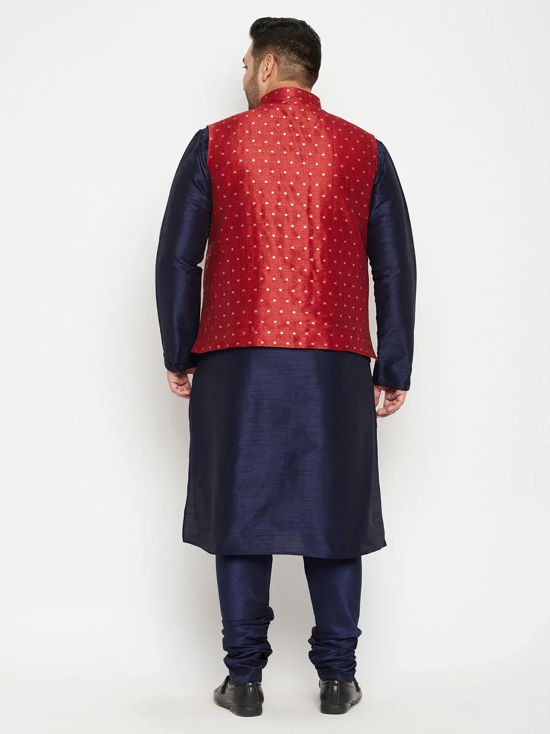 Men's Plus Size Maroon Zari Weaved Nehru Jacket With Kurta Pyjama Set