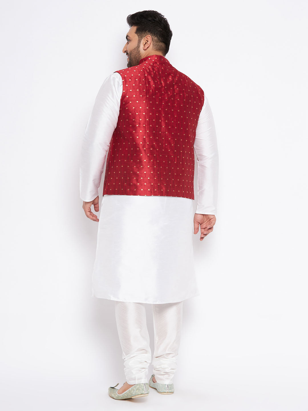 Men's Plus Size Maroon Zari Weaved Nehru Jacket With Kurta Pyjama Set