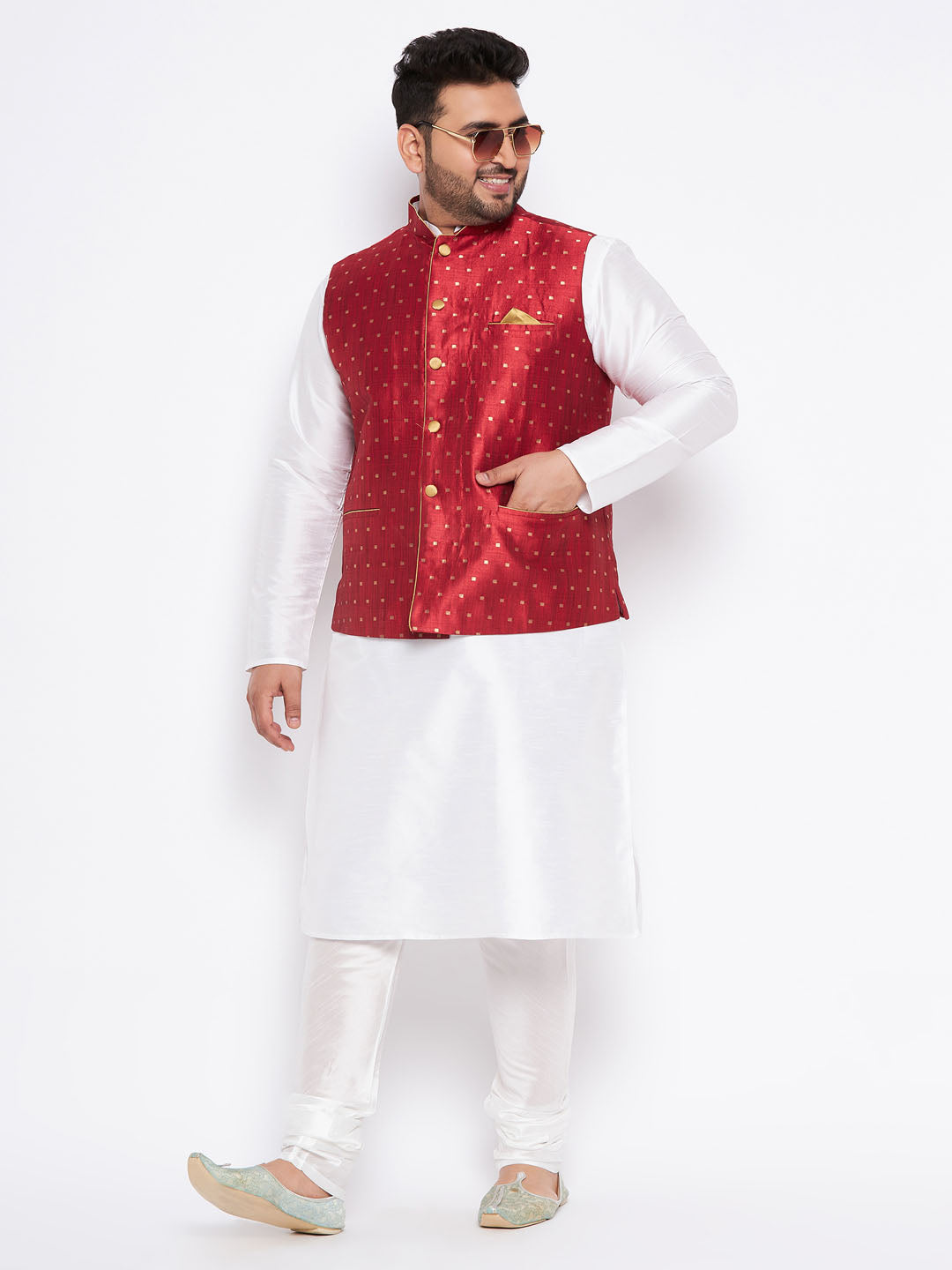 Men's Plus Size Maroon Zari Weaved Nehru Jacket With Kurta Pyjama Set
