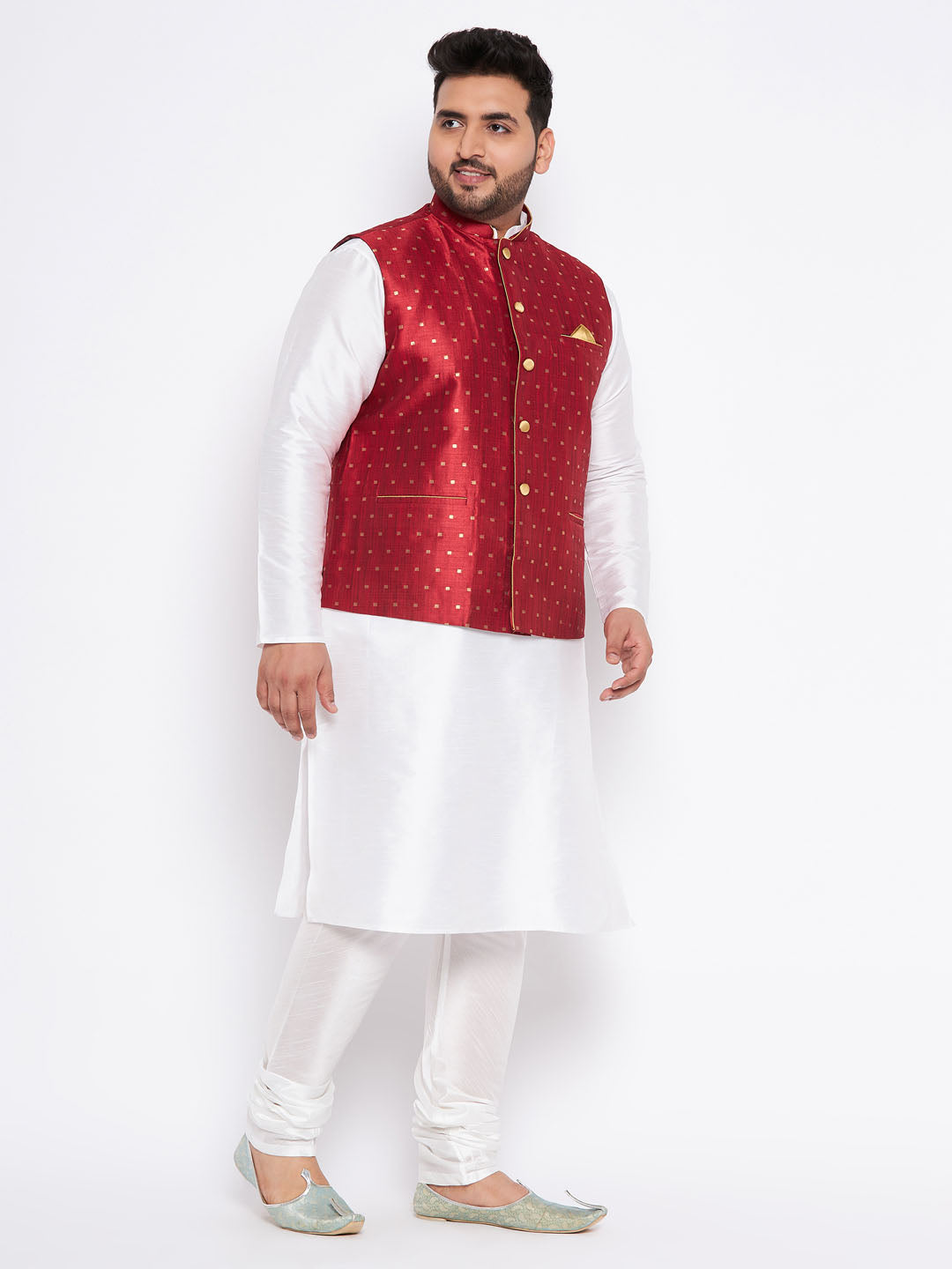 Men's Plus Size Maroon Zari Weaved Nehru Jacket With Kurta Pyjama Set