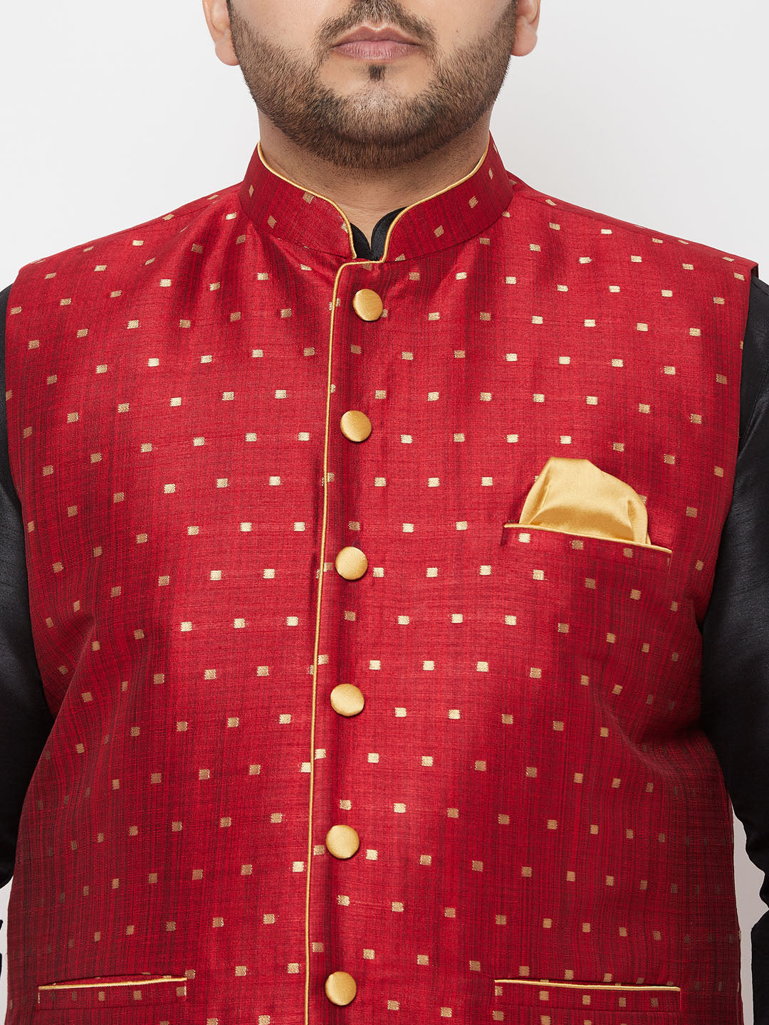 Men's Plus Size Gold Zari Weaved Nehru Jacket With Curved Kurta Dhoti Set