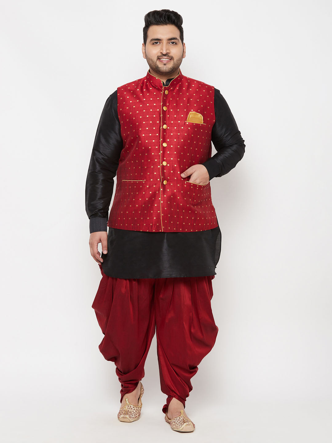 Men's Plus Size Gold Zari Weaved Nehru Jacket With Curved Kurta Dhoti Set