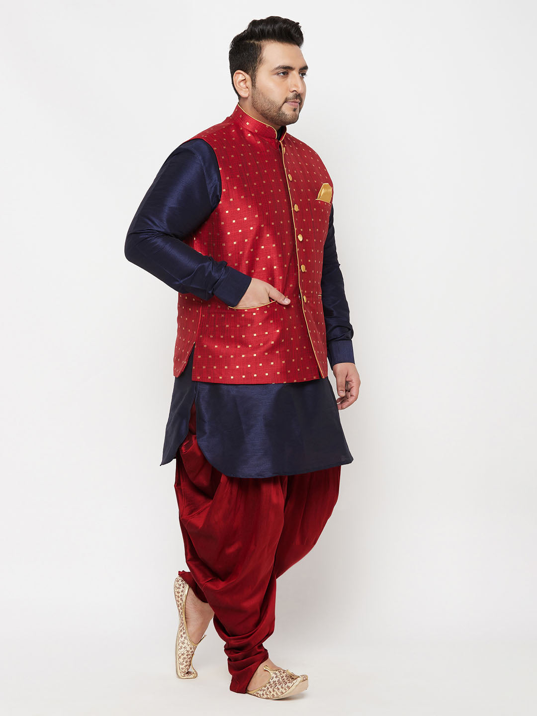 Men's Plus Size Gold Zari Weaved Nehru Jacket With Curved Kurta Dhoti Set