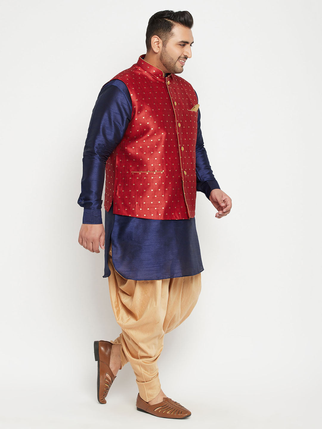 Men's Plus Size Maroon Zari Weaved Nehru Jacket With Curved Kurta Dhoti Set