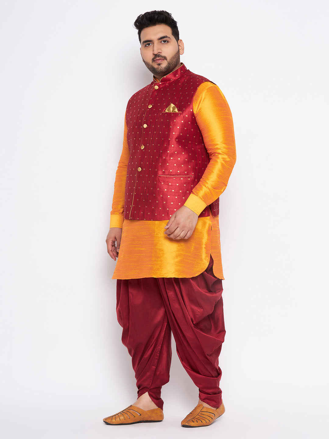 Men's Plus Size Maroon Zari Weaved Nehru Jacket With Curved Kurta Dhoti Set