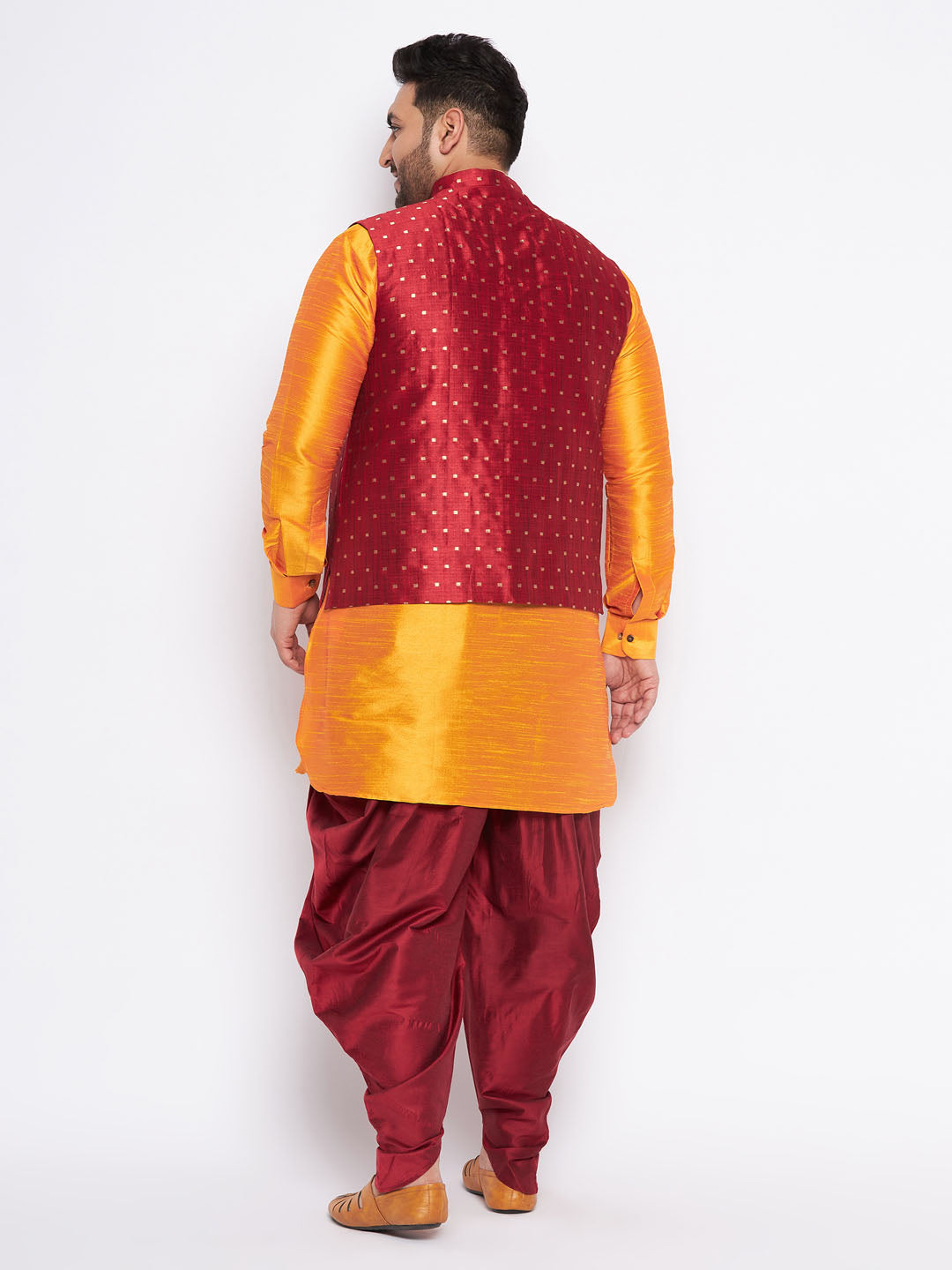 Men's Plus Size Maroon Zari Weaved Nehru Jacket With Curved Kurta Dhoti Set