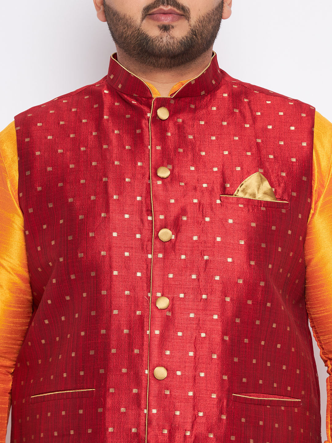 Men's Plus Size Maroon Zari Weaved Nehru Jacket With Curved Kurta Dhoti Set