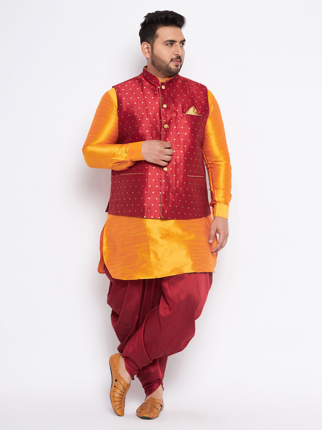 Men's Plus Size Maroon Zari Weaved Nehru Jacket With Curved Kurta Dhoti Set