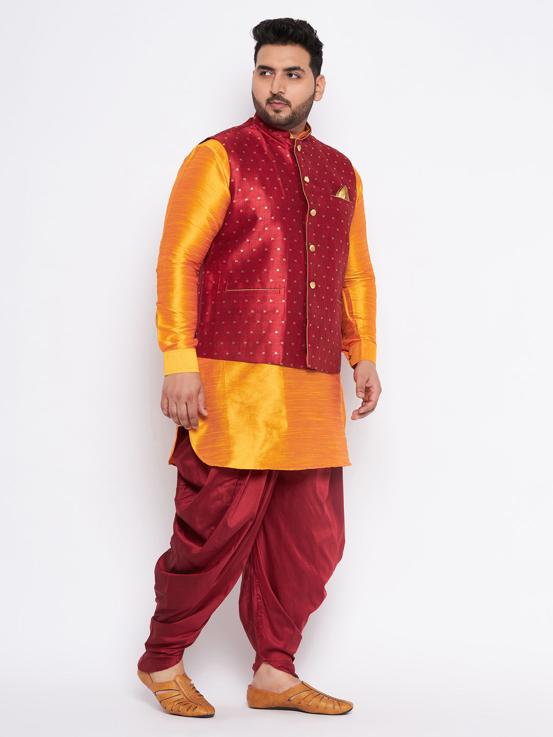Men's Plus Size Maroon Zari Weaved Nehru Jacket With Curved Kurta Dhoti Set