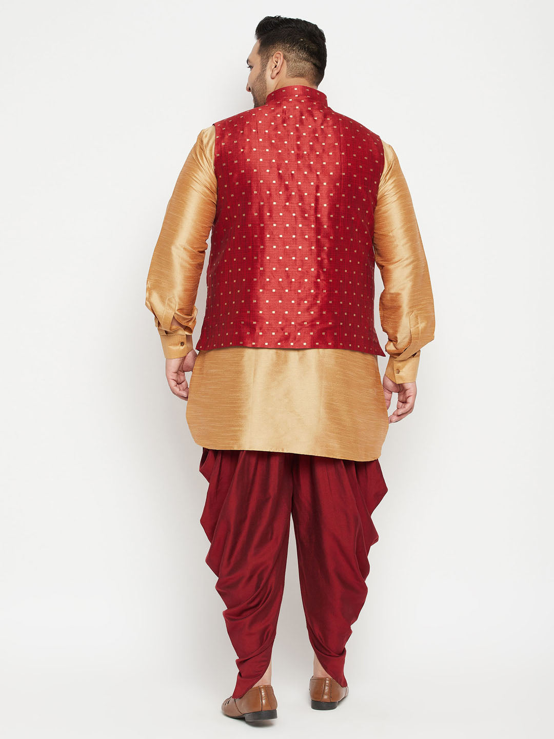 Men's Plus Size Rose Gold Zari Weaved Nehru Jacket With Curved Kurta Dhoti Set