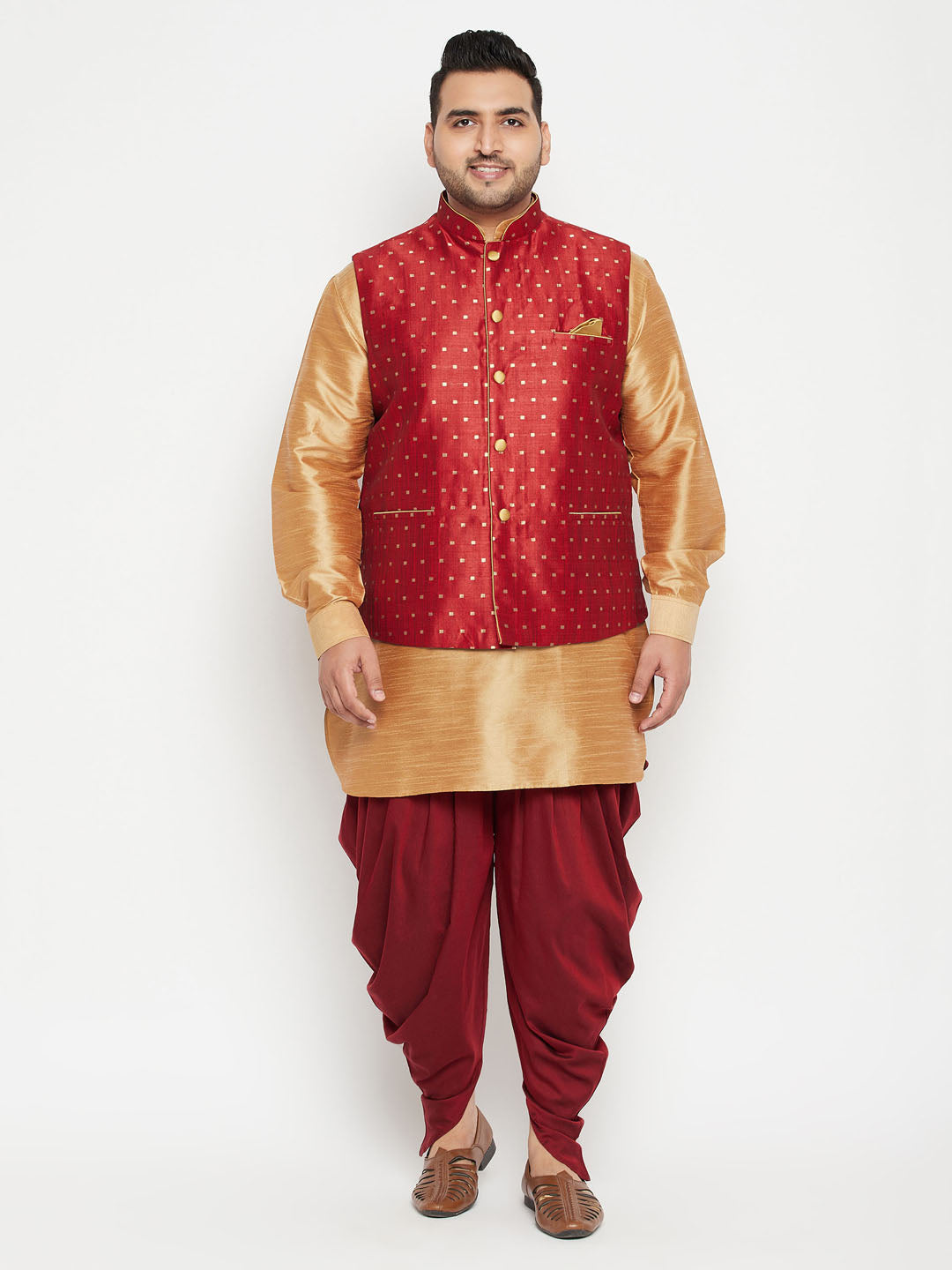Men's Plus Size Rose Gold Zari Weaved Nehru Jacket With Curved Kurta Dhoti Set