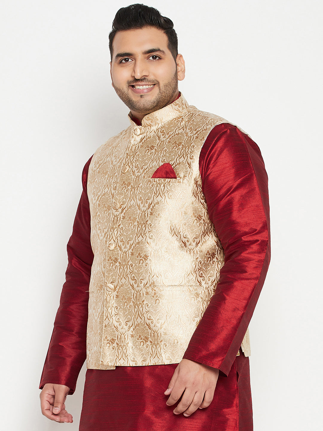 Vastramy Men's Plus Size Rose Gold Brocade Nehru Jacket