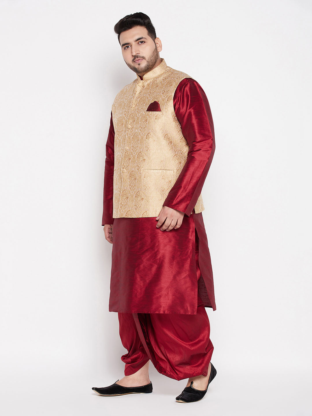 Men's Plus Size Rose Gold Brocade Silk Blend Jacket And Maroon Kurta With Pleated Dhoti Set