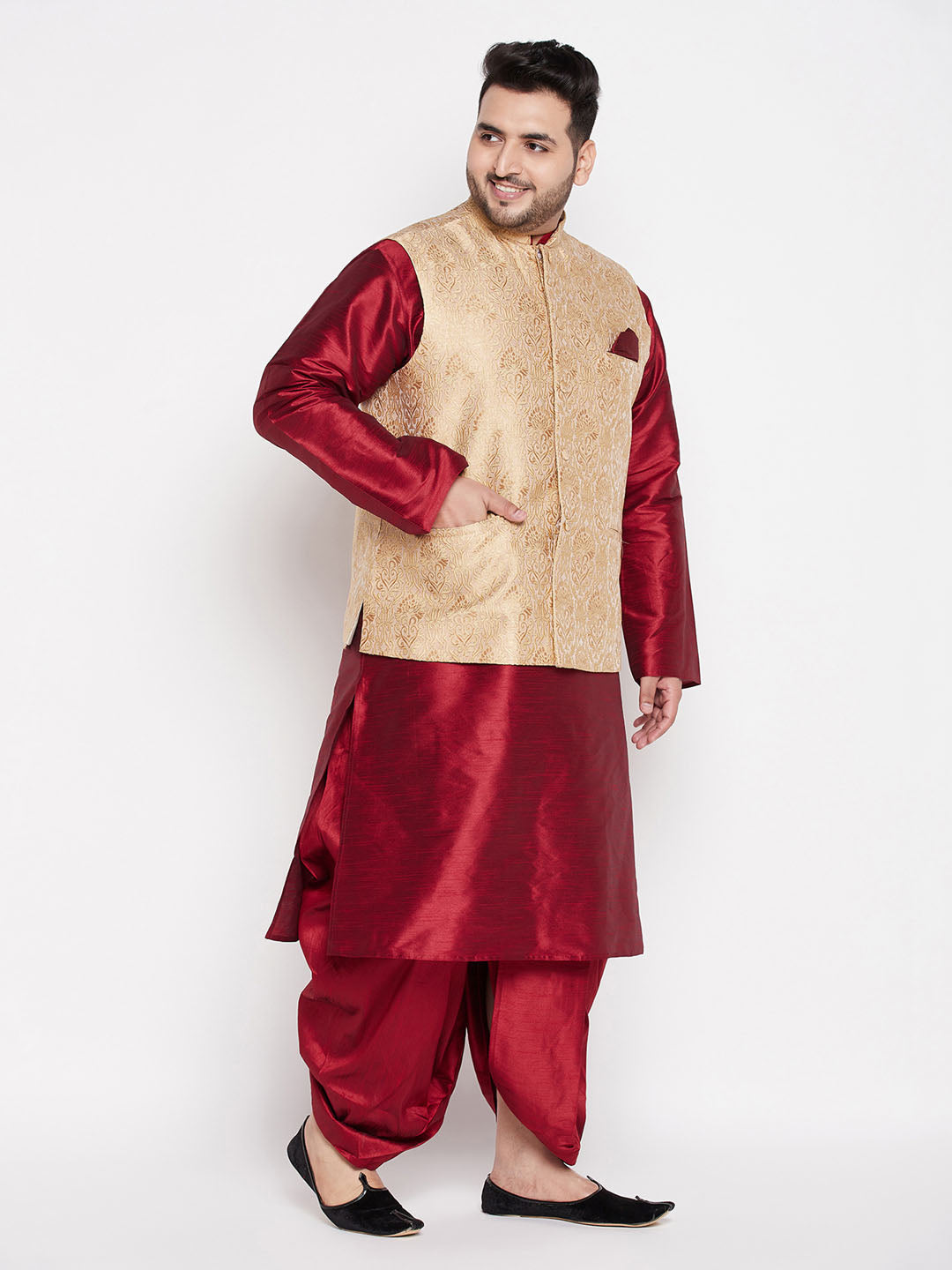 Men's Plus Size Rose Gold Brocade Silk Blend Jacket And Maroon Kurta With Pleated Dhoti Set