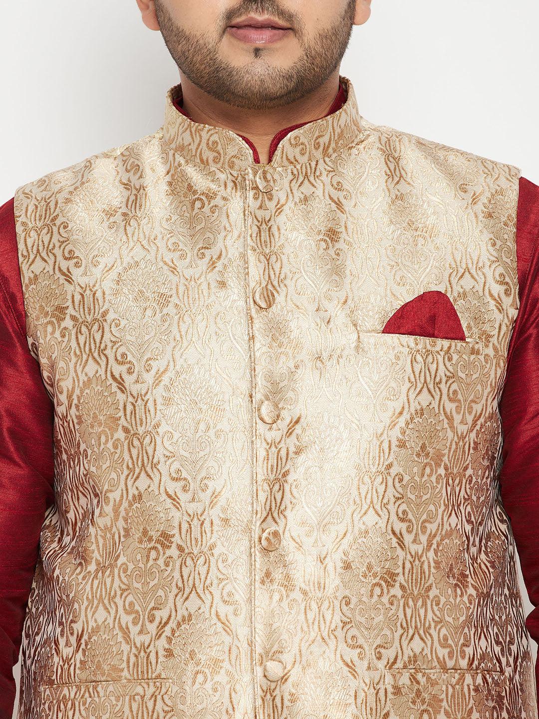 Men's Plus Size Maroon And Rose Gold Brocade Silk Blend Jacket Kurta Pyjama Set