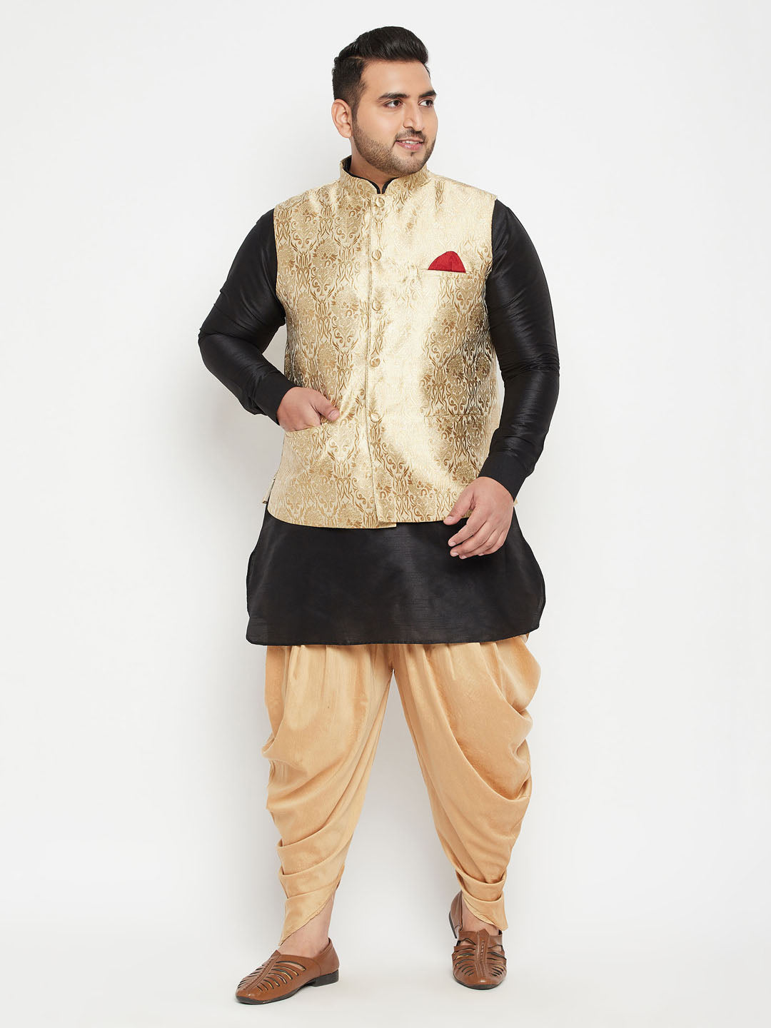 Men's Plus Size Rose Gold And Black Silk Blend Jacket Kurta Dhoti Pant Set