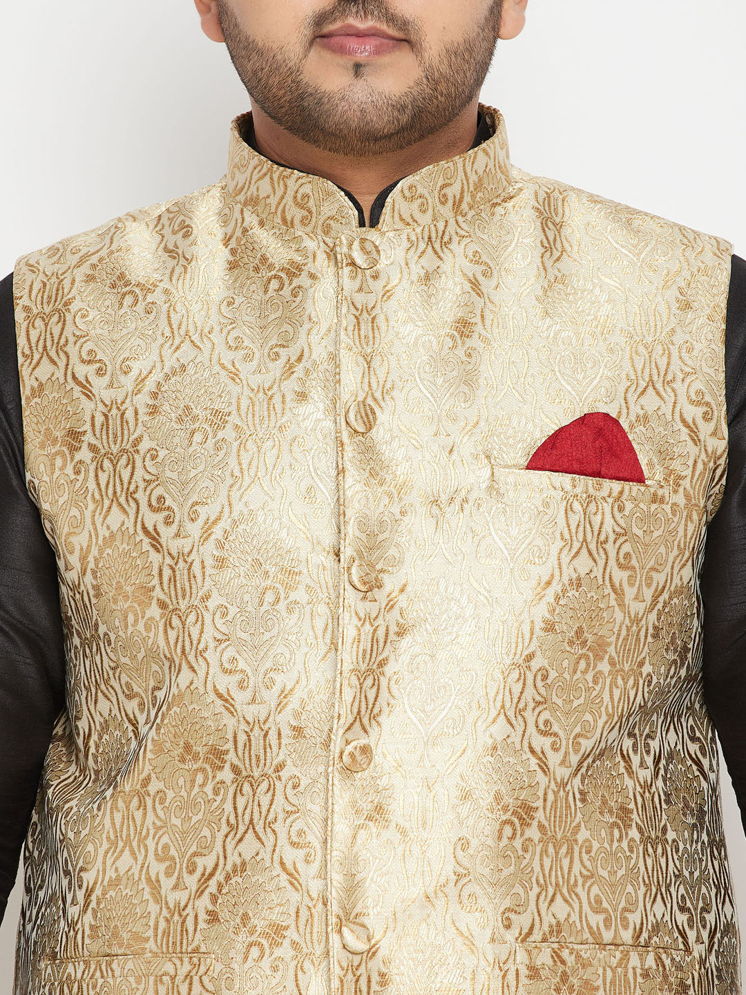 Men's Plus Size Rose Gold And Black Silk Blend Jacket Kurta Dhoti Pant Set