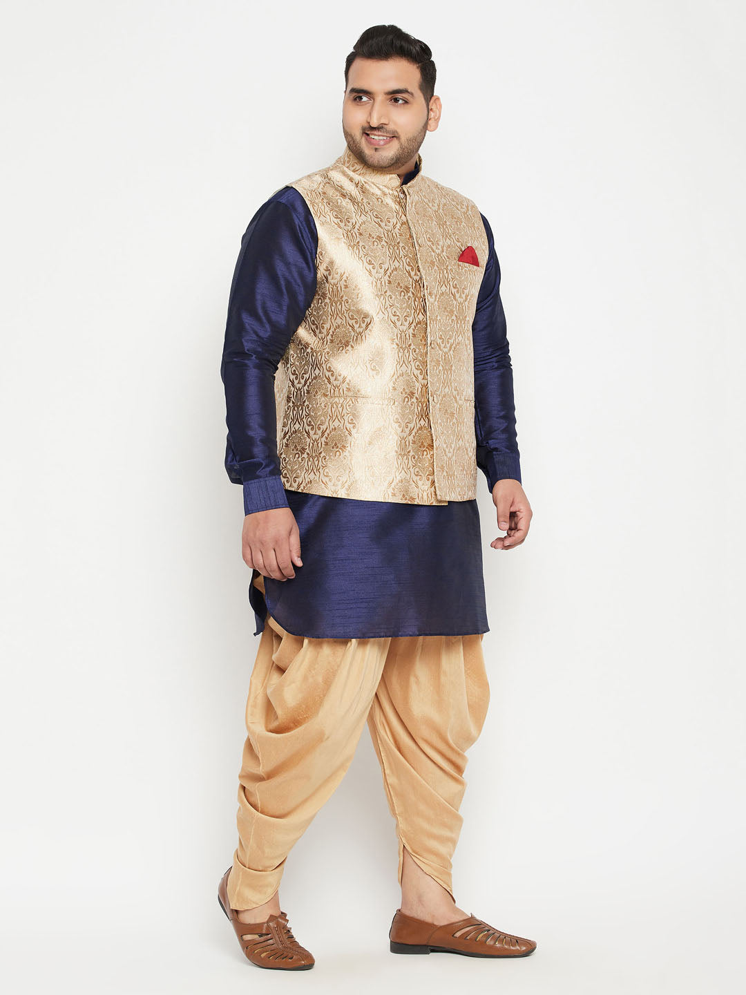 Men's Plus Size Rose Gold And Navy Blue Silk Blend Jacket Kurta Dhoti Pant Set